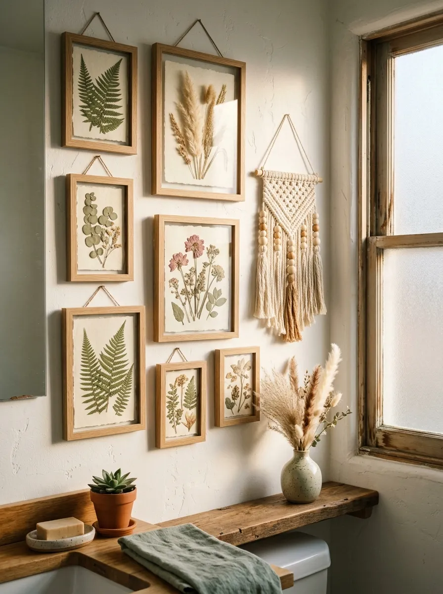 19 Boho Bathroom Ideas That Combine Soft Textures, Natural Details, and Soulful Eclectic Style 10 A Boho bathroom gallery wall with framed dried ferns, pressed botanicals, a woven wall hanging, and dried pampas stems in a bud vase beside a frosted window.