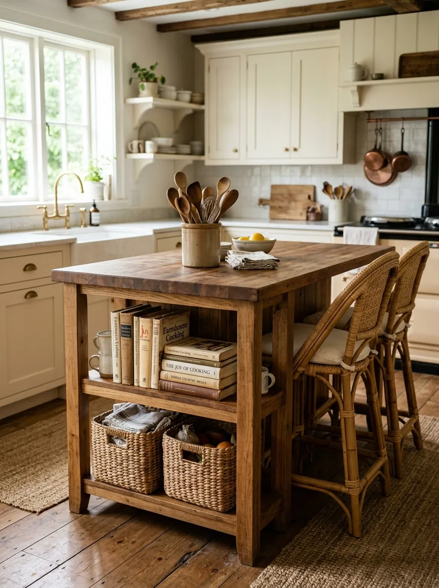 17 Farmhouse Cottage Kitchen Ideas to Master the New Timeless and Cozy Design Aesthetic 9 Freestanding wooden kitchen island with butcher block top and open lower shelves in a farmhouse cottage kitchen