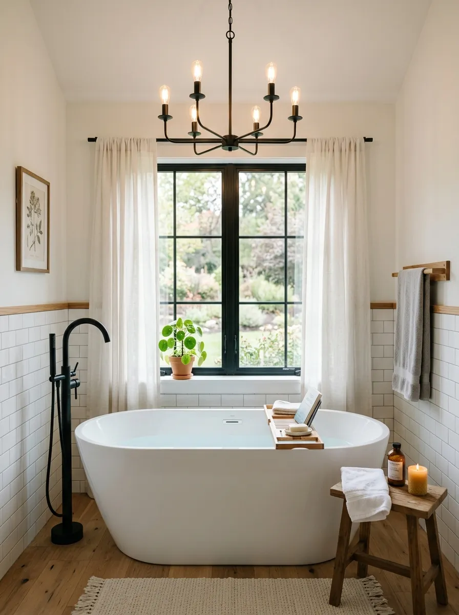 White oval freestanding tub with matte black tub filler in a modern farmhouse bathroom with chandelier and subway tile walls