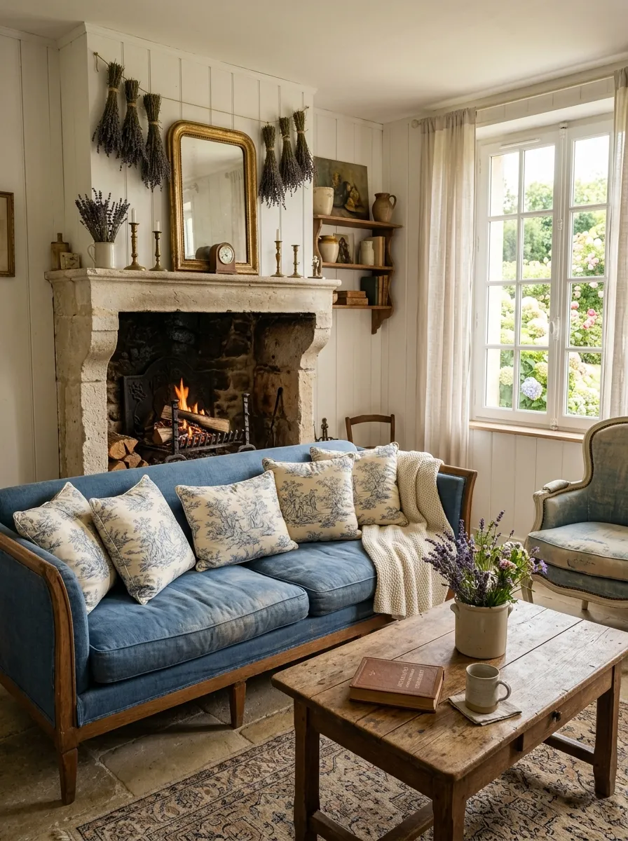 French blue linen sofa in a country living room with stone fireplace, toile pillows, and dried lavender