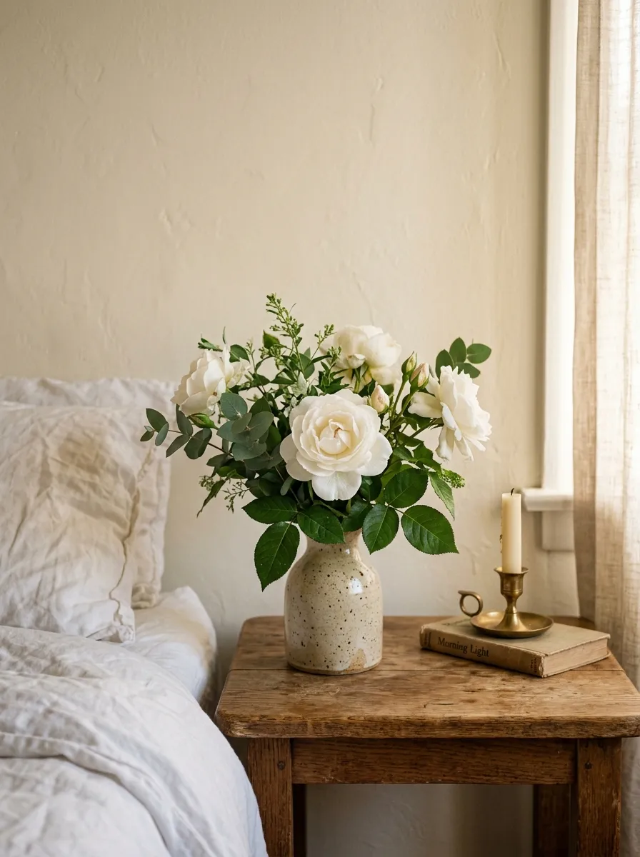 Small ceramic vase with white roses and greenery on a wood nightstand in a Nancy Meyers bedroom style