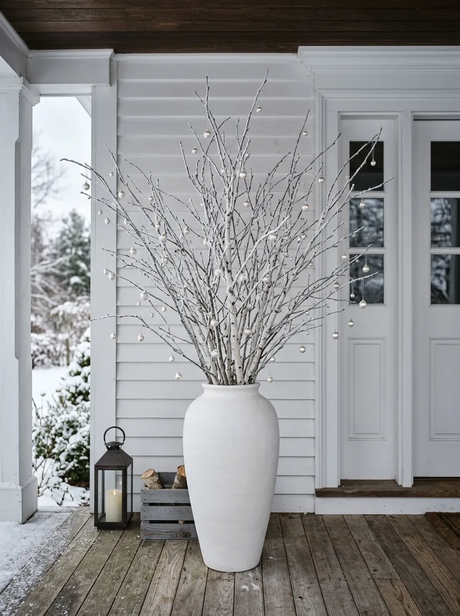 19 Winter Porch Decorating Ideas That Instantly Boost Cozy Curb Appeal All Season Long 11 Tall white ceramic floor vase with frosted birch branches on a front porch as elegant seasonal porch decorating