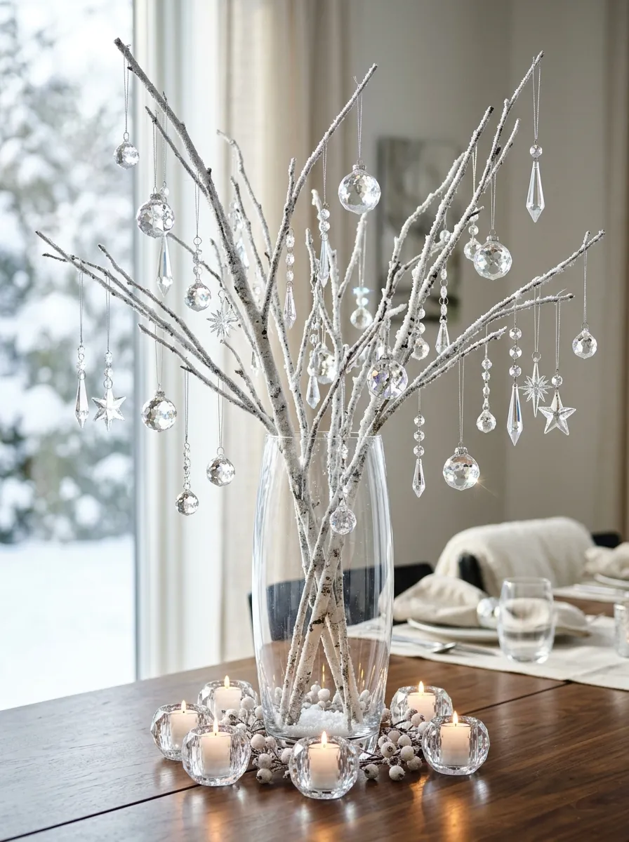 Frosted birch branches in a clear vase hung with crystal ornaments as glamorous and elegant Christmas table decorations