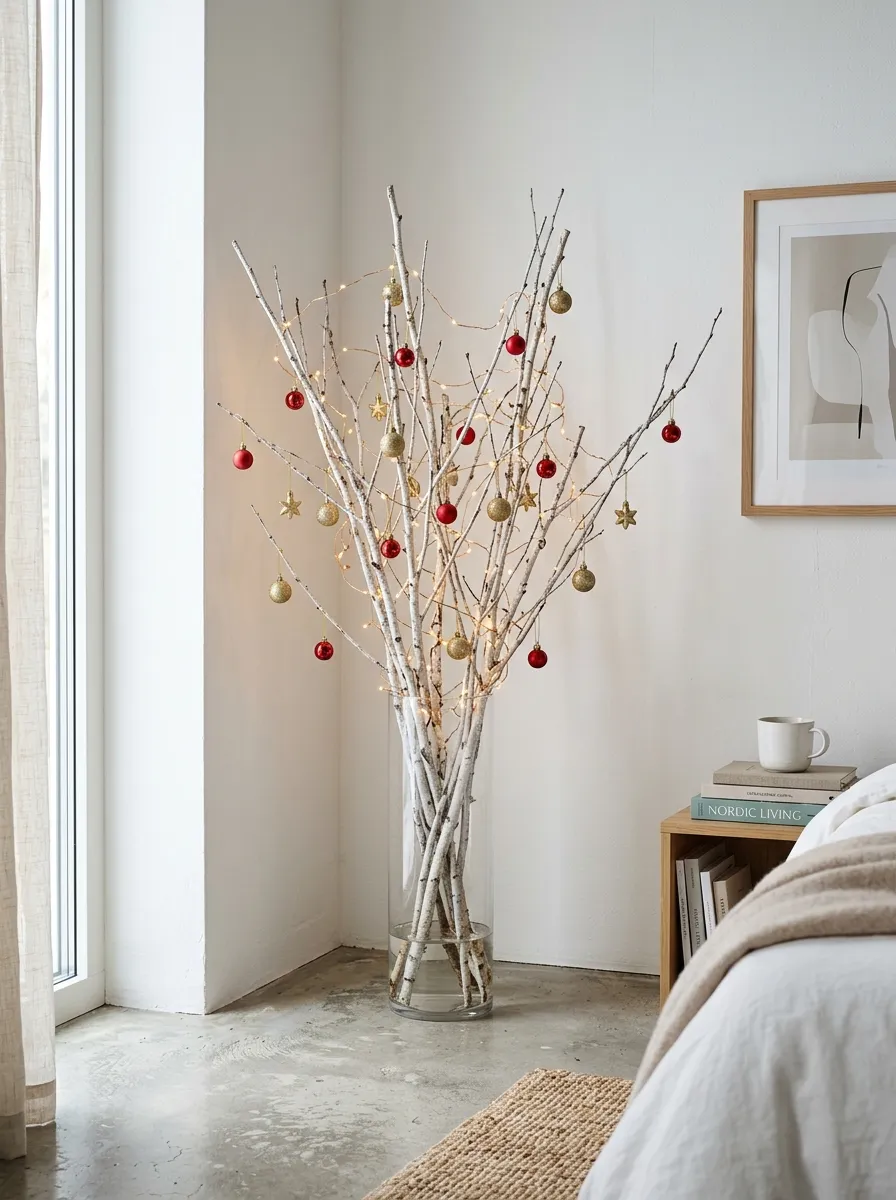 21 Christmas Bedroom Ideas That Make Your Space Feel Magical, Cozy, and Full of Holiday Charm 10 Tall frosted white birch branches in a glass vase decorated with gold ornaments for a minimal cozy Christmas bedroom corner.