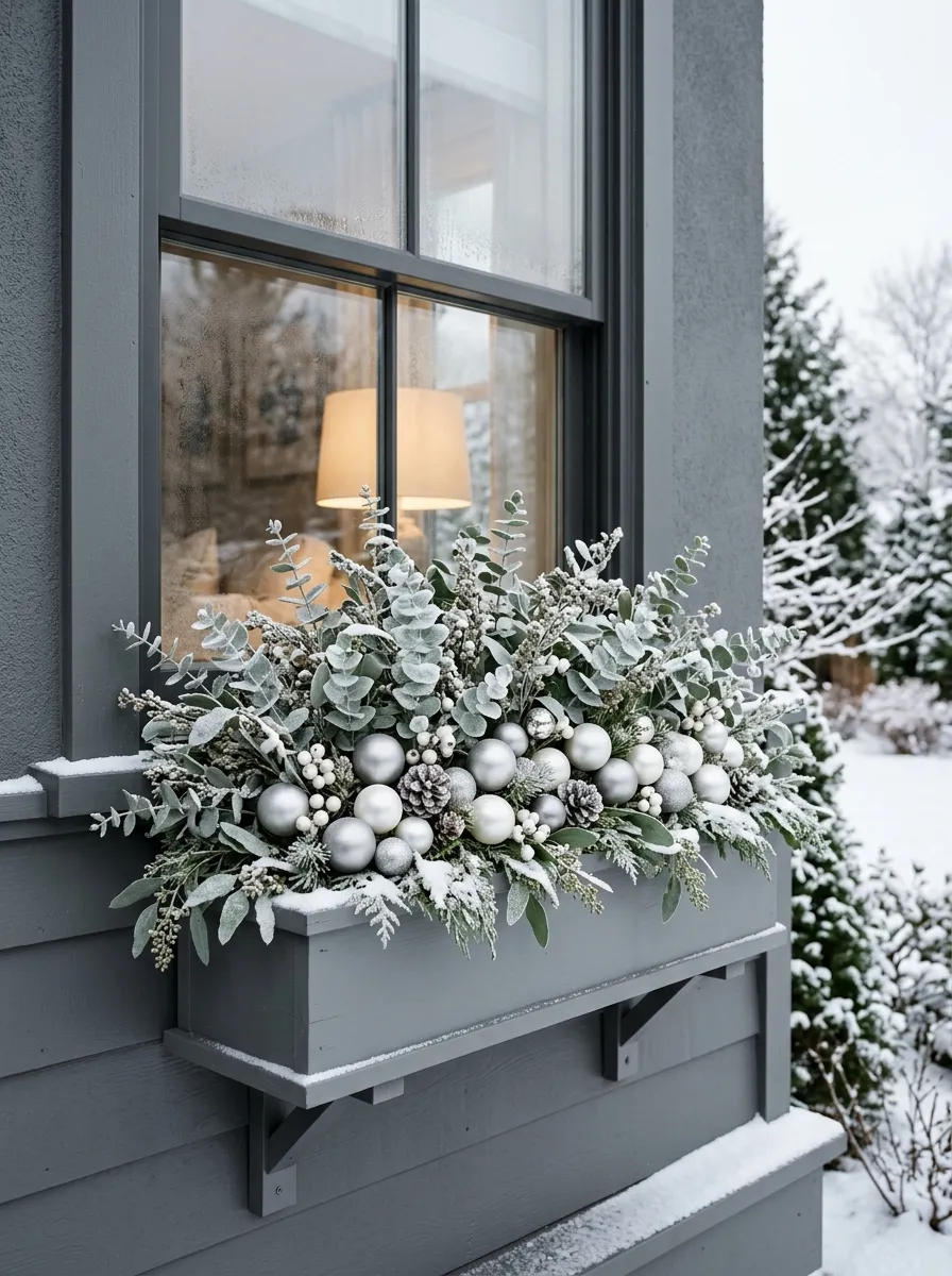 18 Winter Window Box Ideas That Bring Magical Seasonal Charm to Your Home Exterior 2 Elegant frosted eucalyptus and silver ornament seasonal window box display on a modern gray home exterior