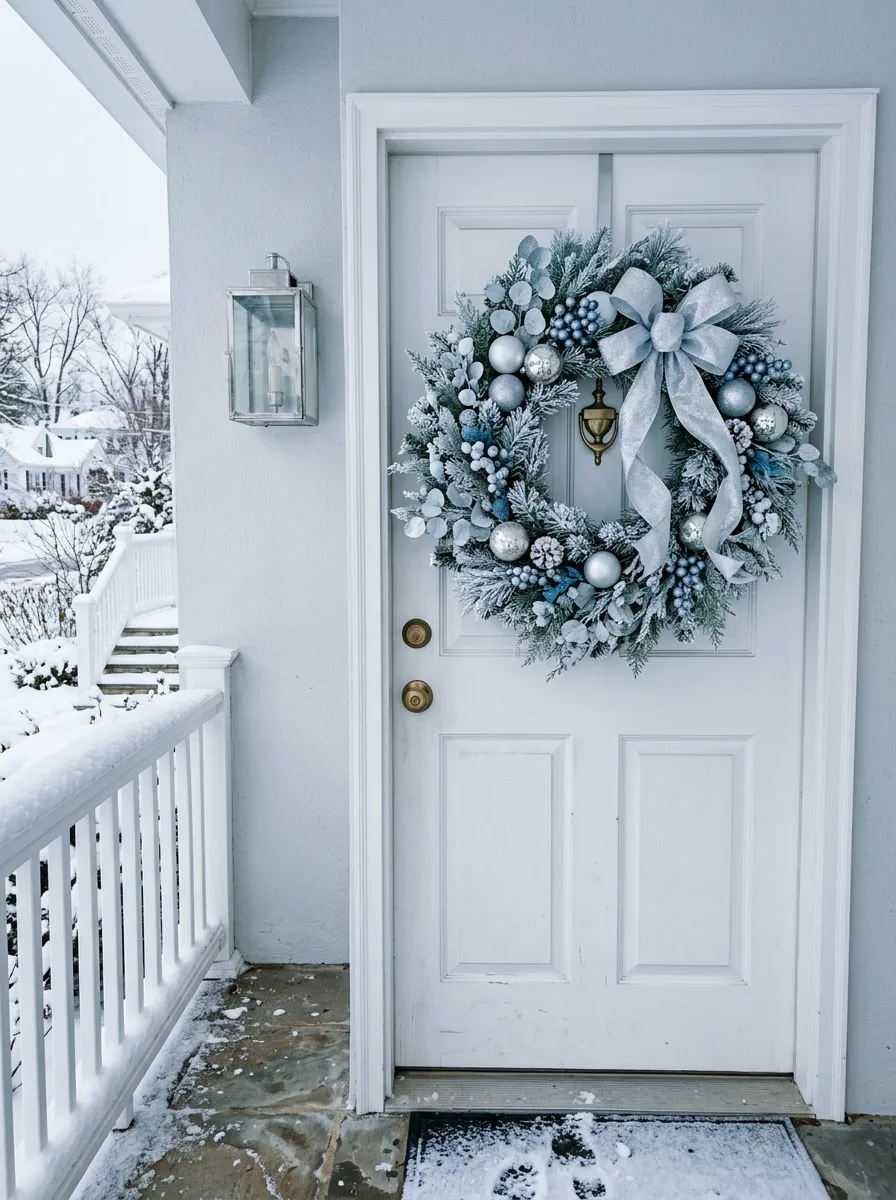 21 Christmas Wreath Ideas That Make Your Front Door the Most Beautiful on the Street 2 A frosted silver holiday wreath with eucalyptus and silver ornaments hanging on a clean white front door