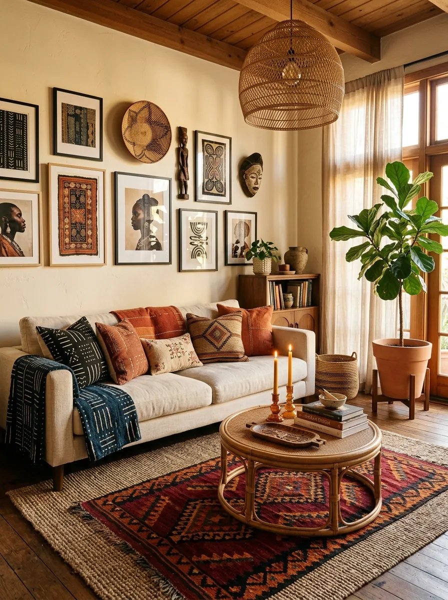 23 Afro Boho Living Room Ideas That Feel Warm, Authentic, Stylish, and Truly Lived In 23 Complete layered Afro Boho Living Room with sofa, gallery wall, jute rug, rattan pendant, and fiddle leaf fig