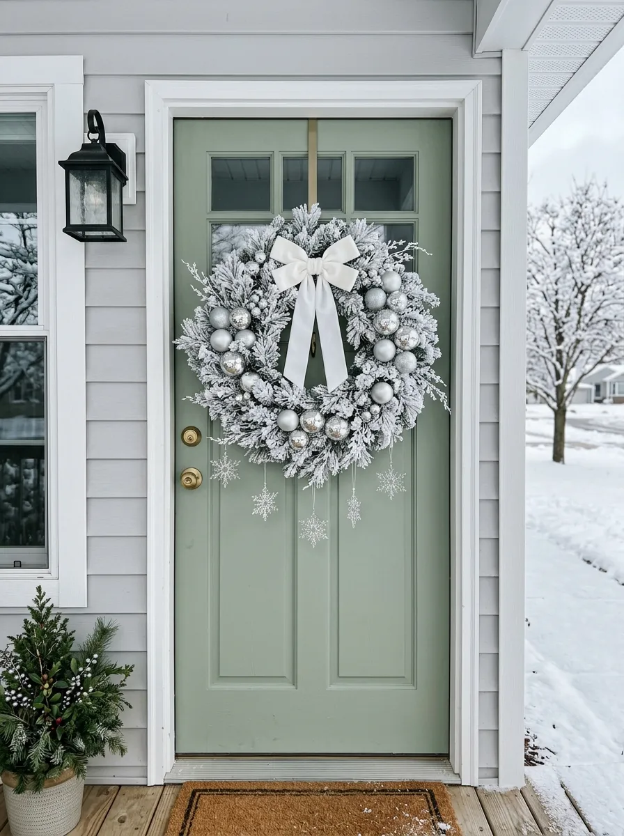 21 Christmas Wreath Ideas That Make Your Front Door the Most Beautiful on the Street 12 A full flocked white Christmas wreath with silver ornaments and crystal snowflakes on a pale sage green front door