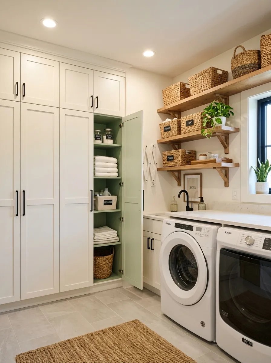 16 Basement Laundry Room Ideas That Use Smart Design Principles to Make Every Inch Work Better 4 Basement laundry room with full height white cabinets to the ceiling paired with warm wood open shelving and woven baskets