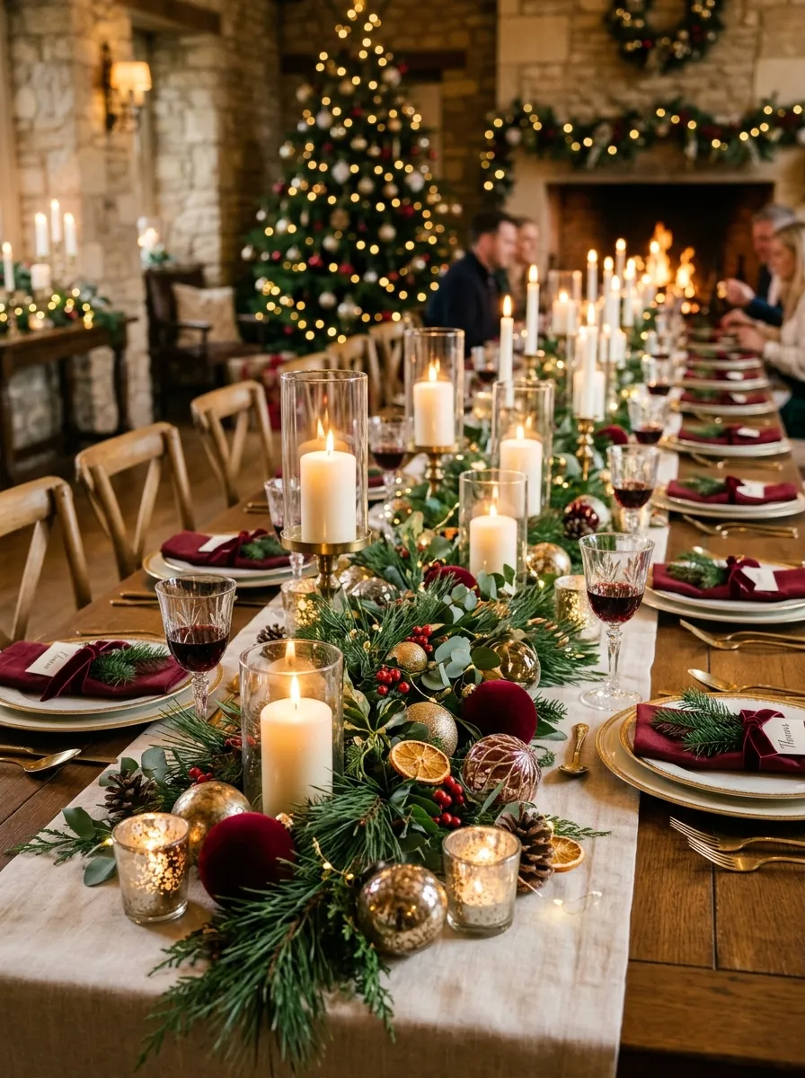 Long dining table with a fully layered garland and candle tablescape as a grand and gorgeous Christmas centerpiece idea