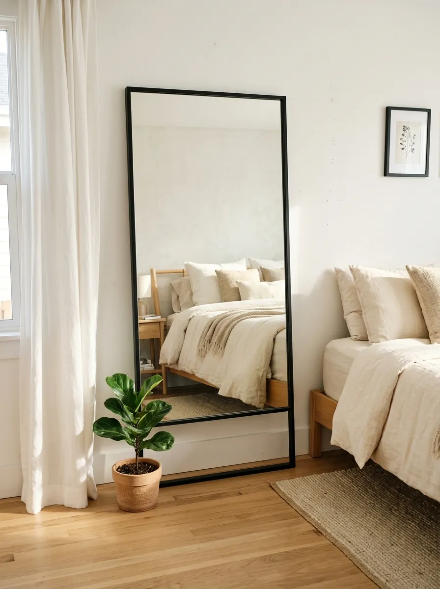 18 Inspiring Guest Bedroom Ideas That Create a Warm, Cozy, and Memorable Stay 7 Full length leaning mirror in thin black frame reflecting cream bedding and morning light in a guest bedroom