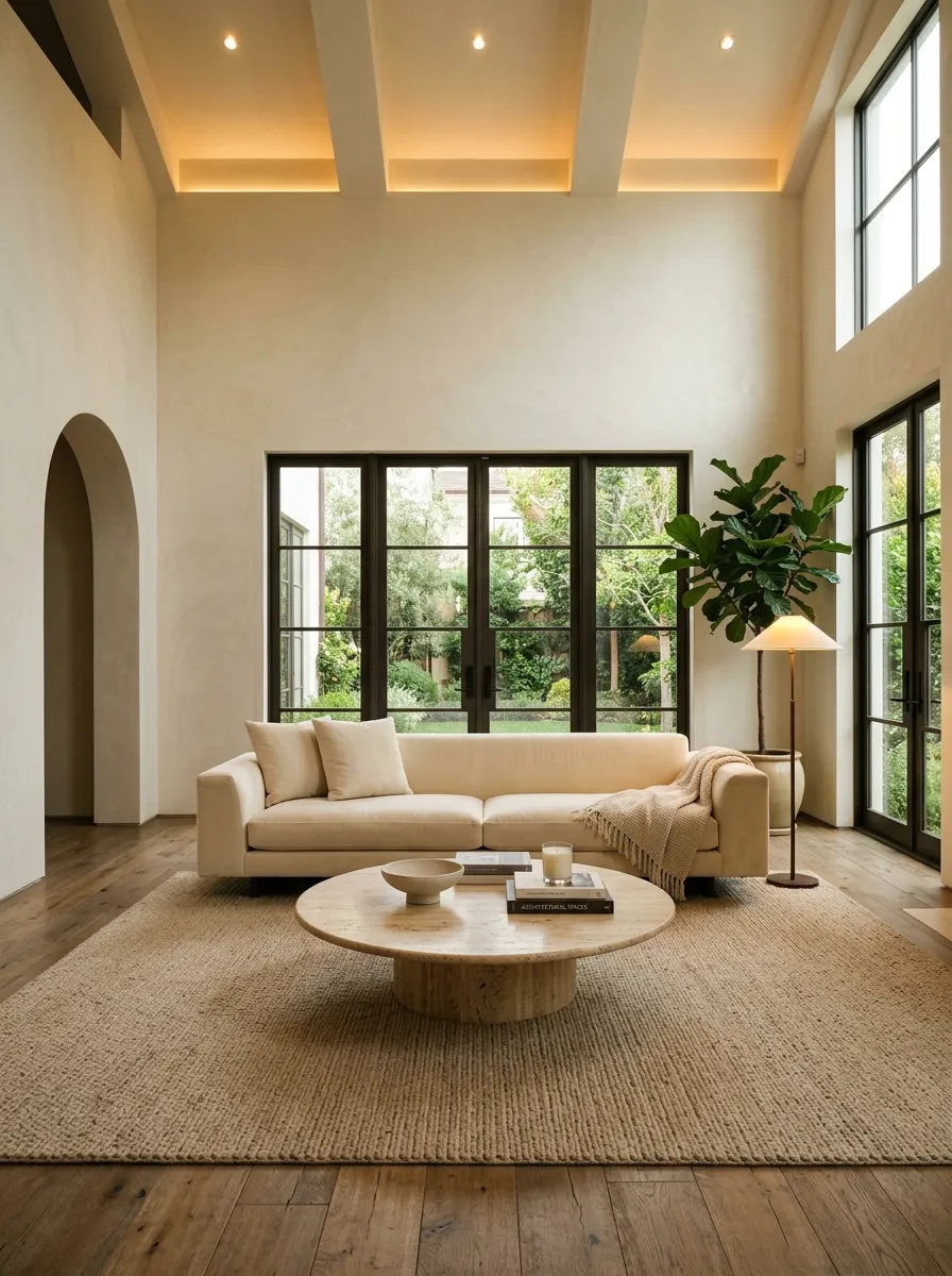 25 Luxury Living Room Ideas That Reveal the Design Details Most People Completely Overlook 1 Perfectly scaled cream velvet sofa and travertine coffee table inside an elegant luxury living room with high ceilings