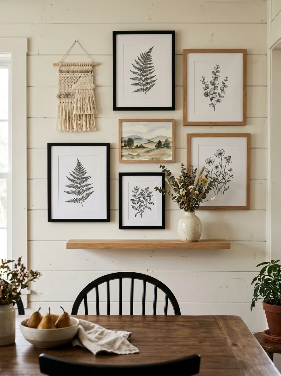 Modern farmhouse dining room gallery wall with botanical prints, woven wall hanging, watercolor, and ceramic shelf in off white room