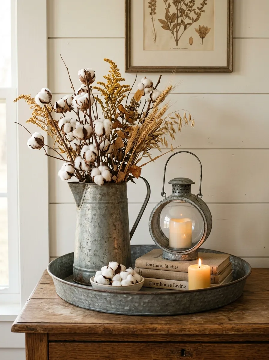Styled farmhouse bedroom dresser vignette with three galvanized metal pieces and dried botanicals on a shiplap backdrop
