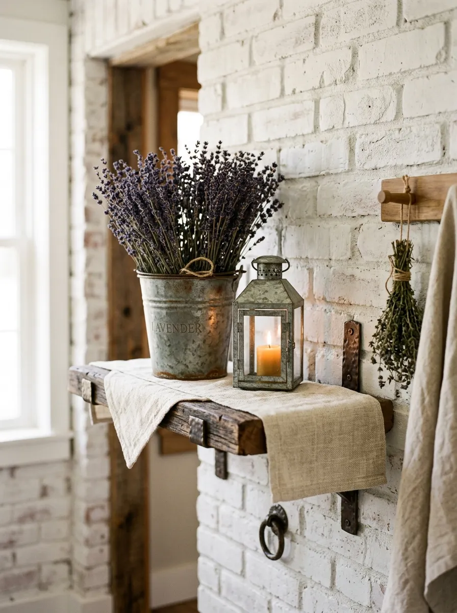 Farmhouse entryway vignette with galvanized metal lantern, dried lavender in bucket, and wood shelf on white brick