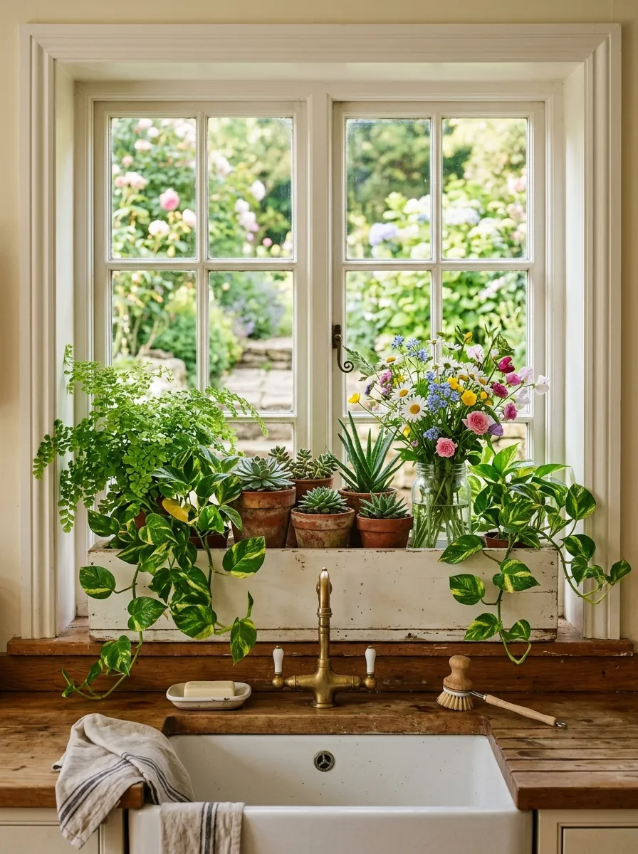 Garden window box with trailing pothos, ferns, and wildflowers above the sink in a bright Cottage Kitchen with white trim