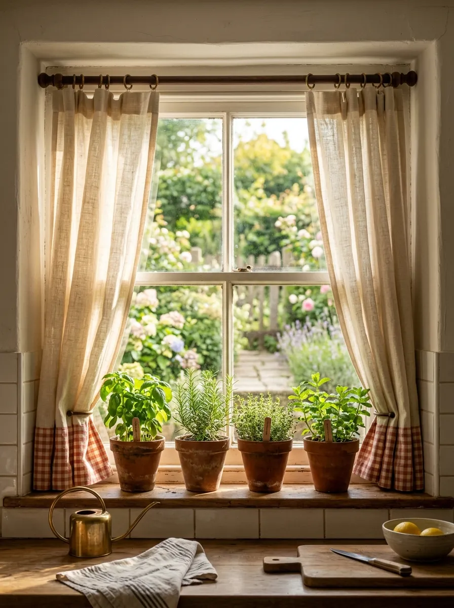 17 Farmhouse Cottage Kitchen Ideas to Master the New Timeless and Cozy Design Aesthetic 6 Cream linen curtains with gingham trim on a farmhouse cottage kitchen window with herb pots on the sill