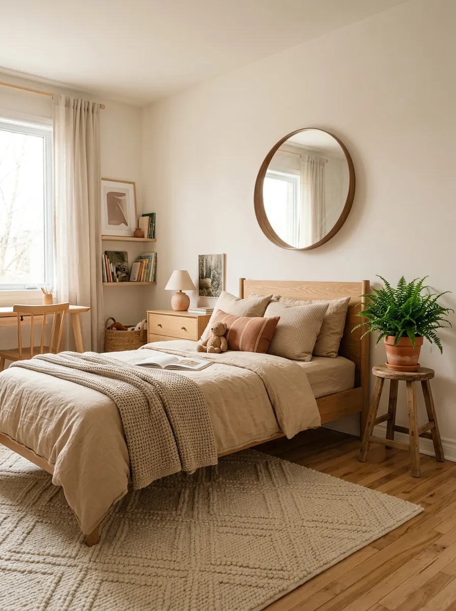 Stylish kids bedroom decor in gender neutral warm neutrals with an oak bed frame, terracotta accents, and cream rug