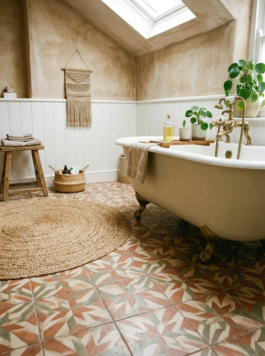 19 Boho Bathroom Ideas That Combine Soft Textures, Natural Details, and Soulful Eclectic Style 9 Handmade cement encaustic floor tiles in a geometric star pattern with terracotta and sage tones in a bright natural Boho bathroom with jute rug.