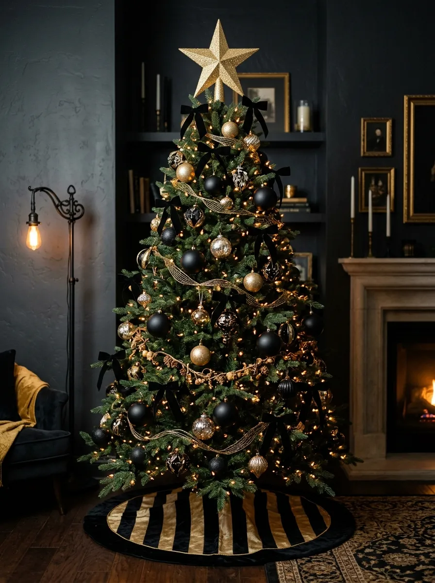 Glam black and gold Christmas tree with matte ornaments, velvet bows, and gold star topper for bold luxurious holiday home decor