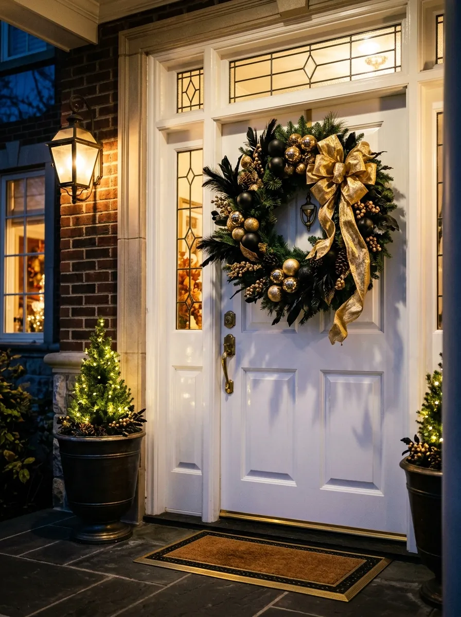 21 Christmas Wreath Ideas That Make Your Front Door the Most Beautiful on the Street 18 A dramatically glamorous black and gold Christmas wreath with feathers and a gold ribbon bow on a white front door