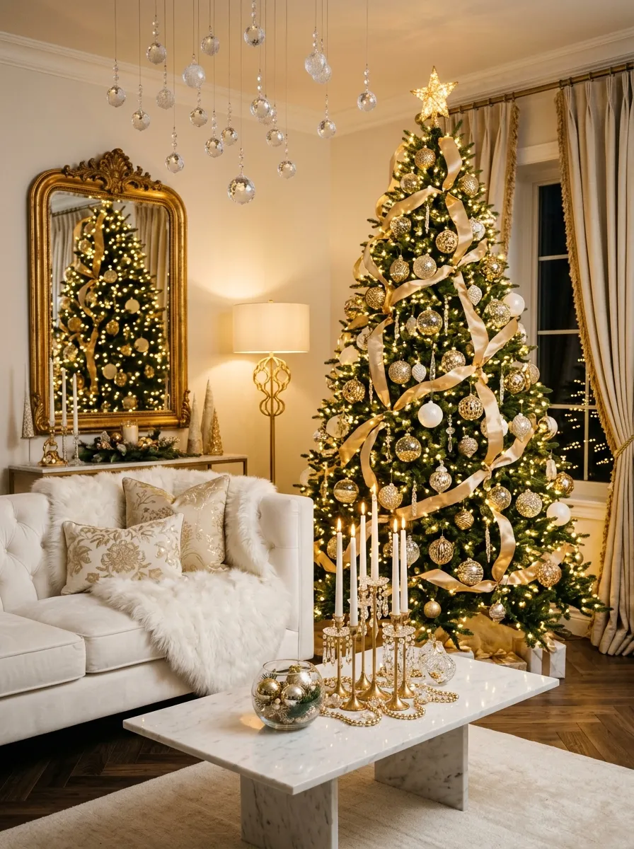 A luxurious gold and white Christmas living room with glitter ornaments, gold ribbon tree, white velvet sofa, and crystal accents as holiday living room decor