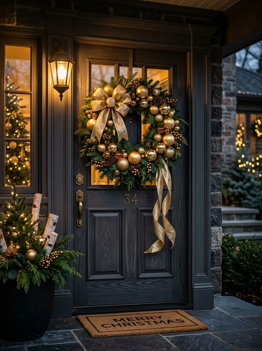 21 Christmas Wreath Ideas That Make Your Front Door the Most Beautiful on the Street 7 A glamorous Christmas wreath with oversized gold ornaments and pine branches glowing under warm porch light on a charcoal door