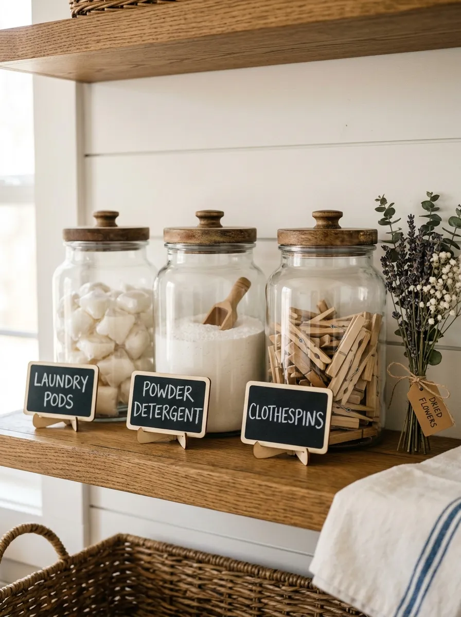 Clear glass apothecary jars with wood lids filled with laundry pods and detergent on a wood shelf in a farmhouse laundry room