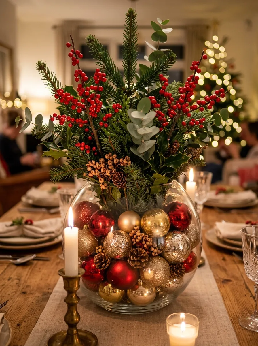 Clear glass bowl filled with red and gold ornaments as easy Christmas table decorations
