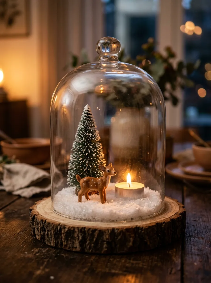 Glass cloche with a miniature winter scene inside as magical and unique Christmas table decorations