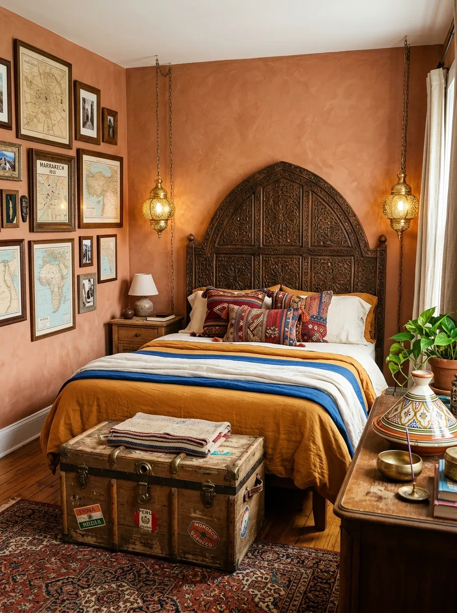 Global eclectic traveler boutique bedroom with Moroccan headboard, kilim pillows, brass lanterns, and Persian rug for a rich worldly look