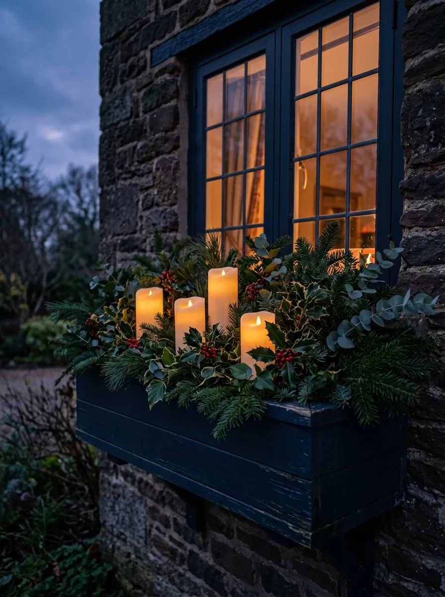 18 Winter Window Box Ideas That Bring Magical Seasonal Charm to Your Home Exterior 14 Atmospheric nighttime winter window box with glowing battery candles and pine greenery on a navy home exterior
