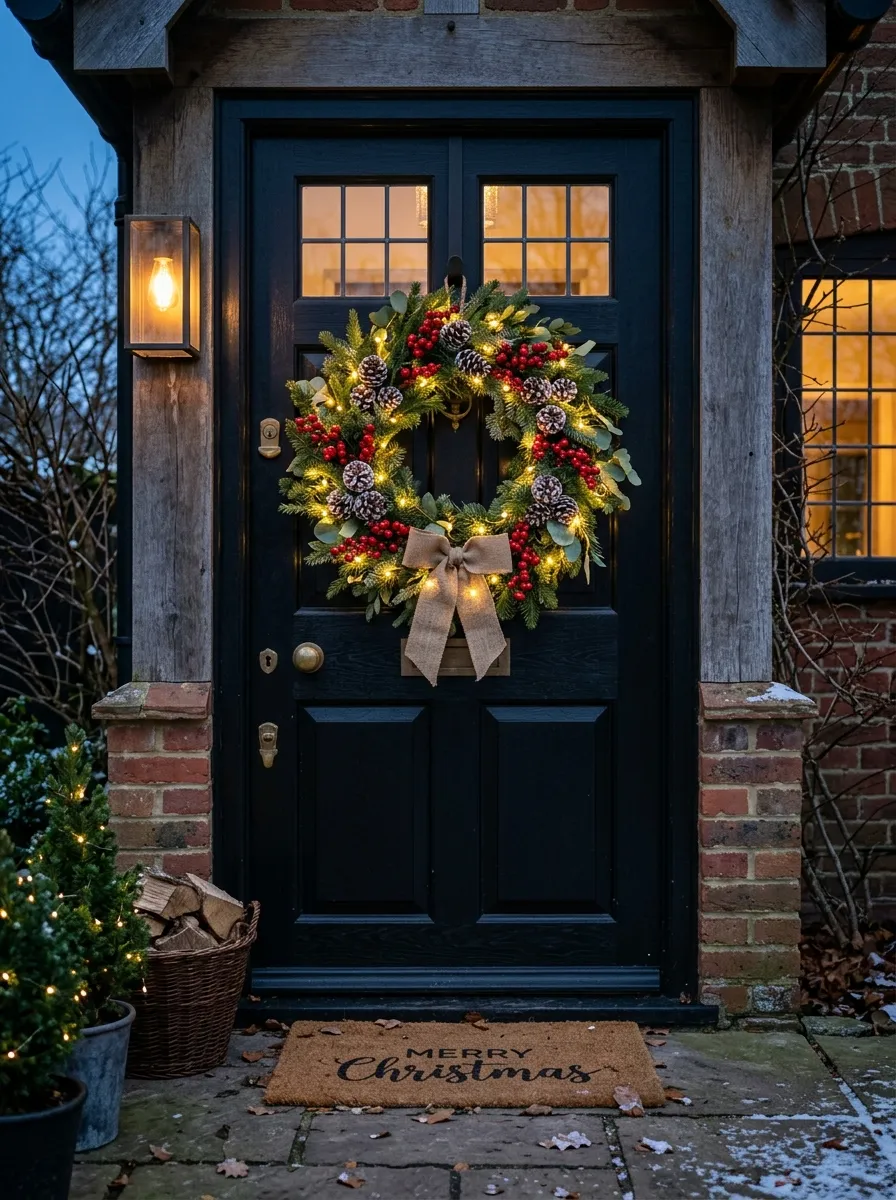 21 Christmas Wreath Ideas That Make Your Front Door the Most Beautiful on the Street 21 A glowing Christmas wreath with warm white fairy lights, red berries, and frosted pinecones on a black front door