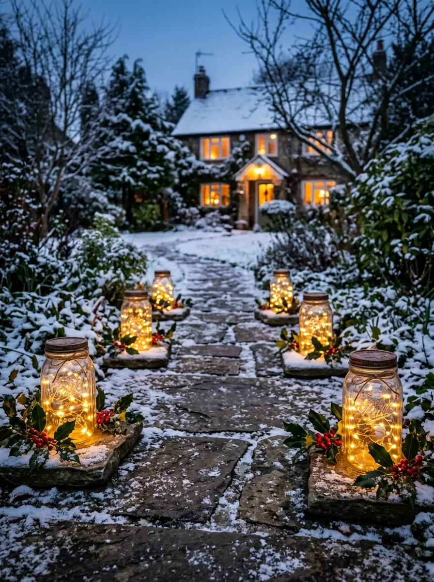 Glass mason jars with fairy lights lining a stone Christmas pathway as Christmas yard decorating ideas at night