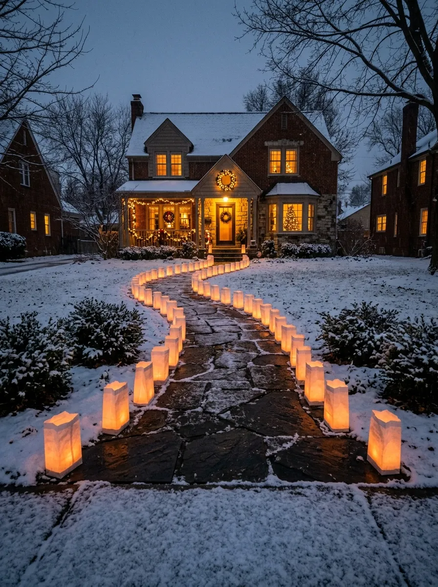 White glowing luminaria bags lining a front walkway as Christmas yard decorating ideas for a magical evening pathway