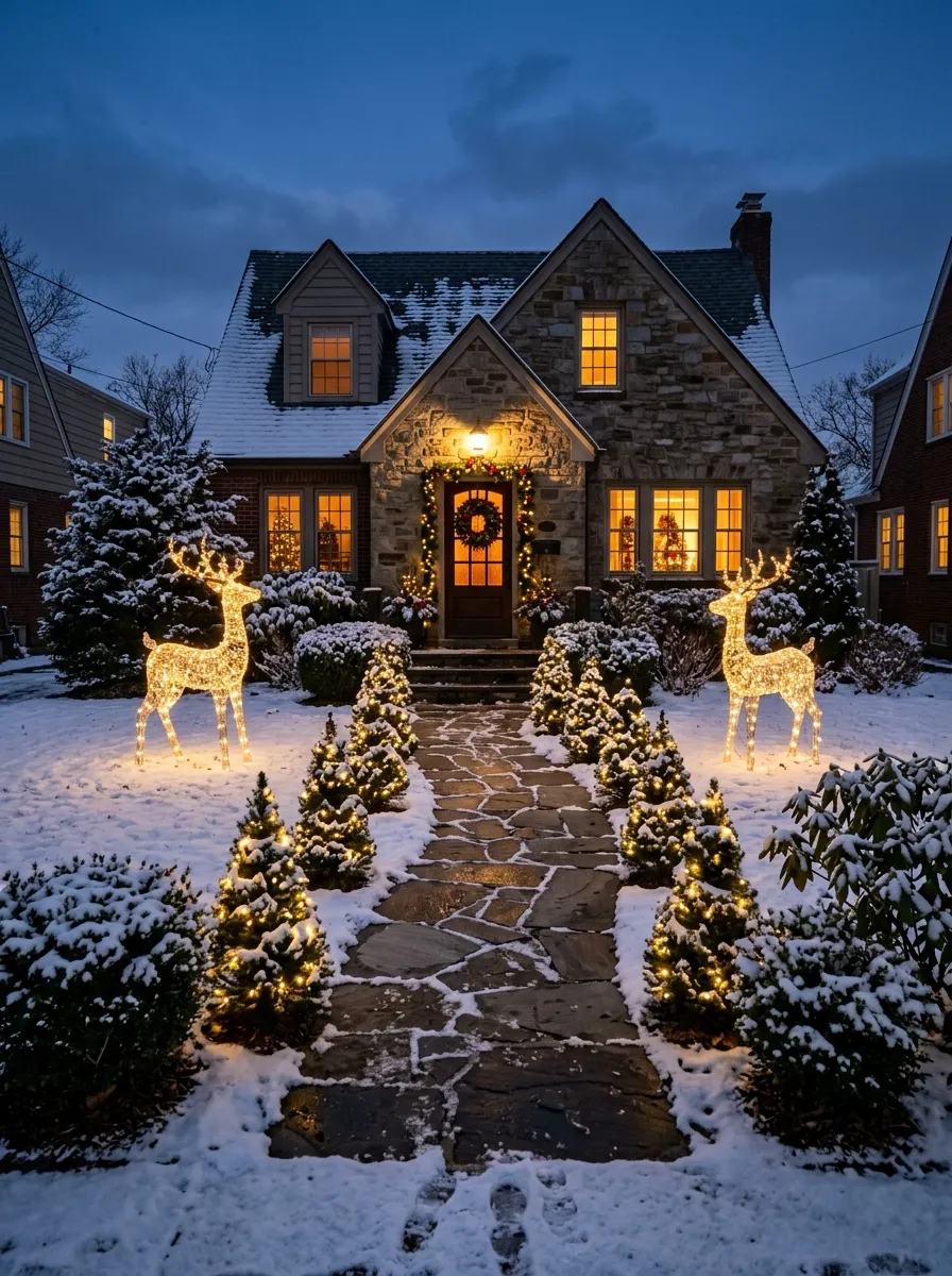 Glowing wire reindeer with LED lights lining a snowy front pathway for Christmas yard decorating ideas