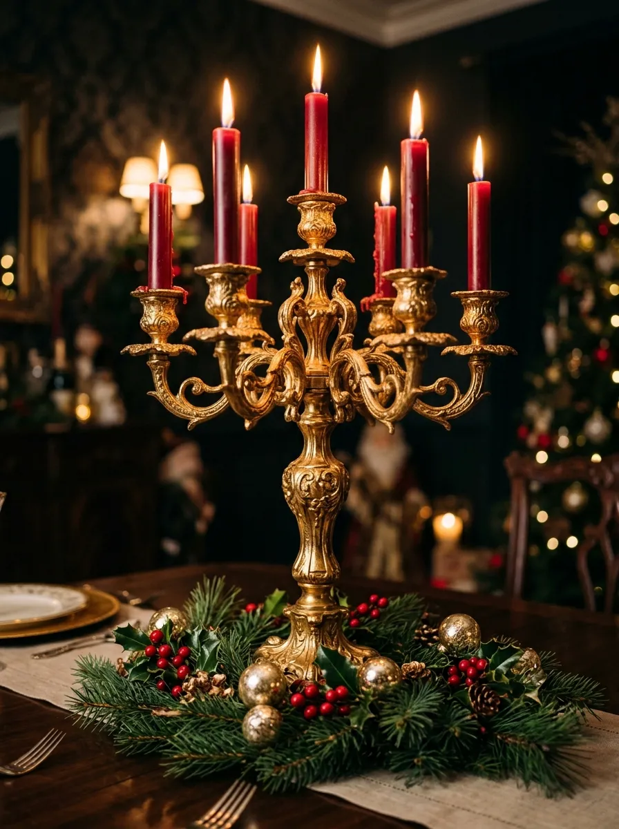Gold five arm candelabra with red tapers and pine garland as luxurious DIY Christmas Centerpiece Ideas