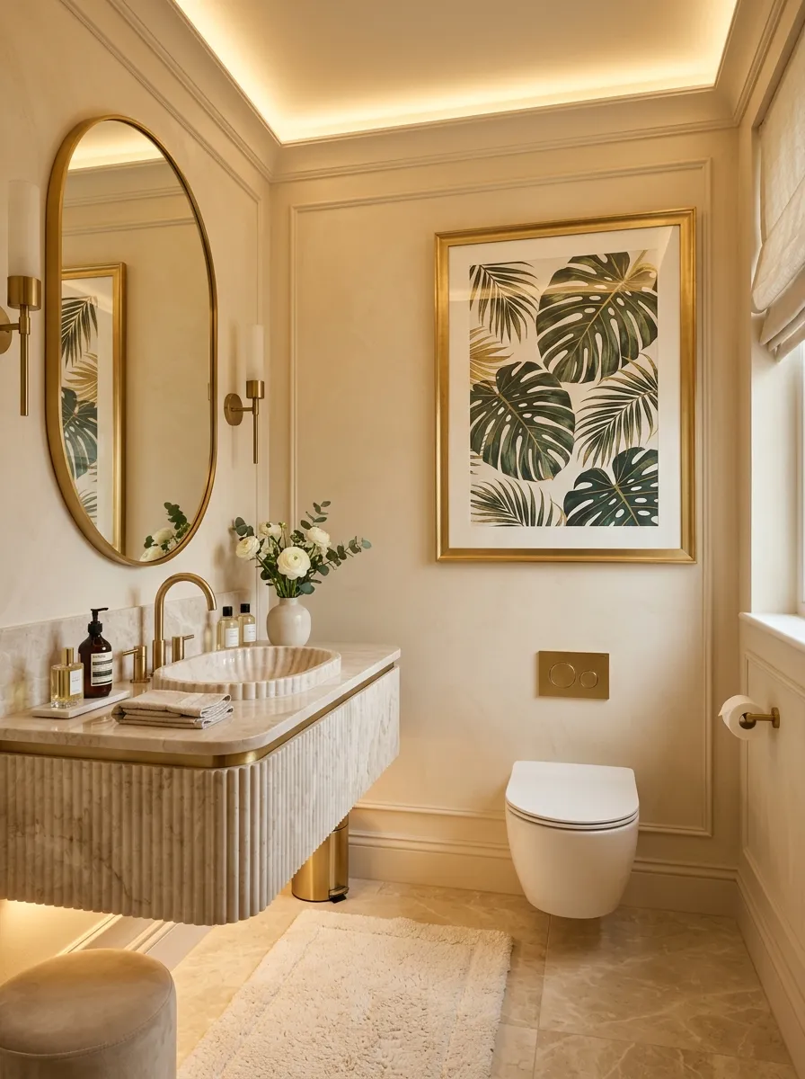16 Half Bathroom Ideas That Maximize Style, Function, and Impact in a Small Space 7 Luxurious half bathroom with ivory walls, gold fixtures, fluted marble vanity, and large tropical leaf print art