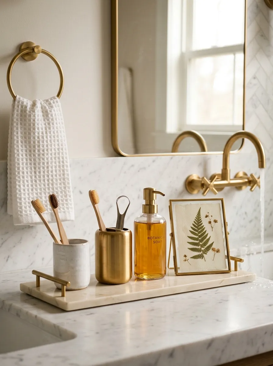 17 Bathroom Counter Styling Ideas for an Instant Aesthetic Glow Up That Looks Expensive 12 Bathroom vanity styling with brushed gold soap dispenser, toothbrush holder, and ceramic cup on cream marble tray