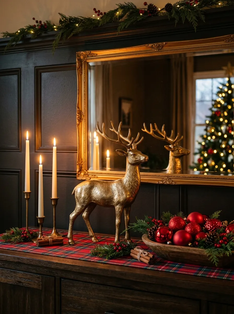 Gold reindeer figurine on a sideboard with brass candles and plaid runner for Ralph Lauren inspired Christmas decorating