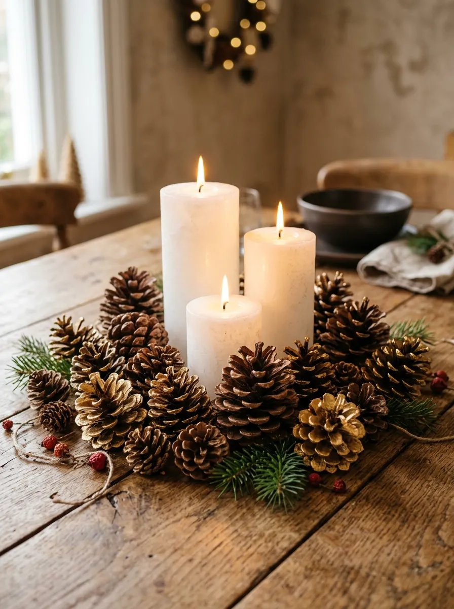 Natural and gold tipped pinecones clustered around pillar candles as rustic festive DIY centerpieces