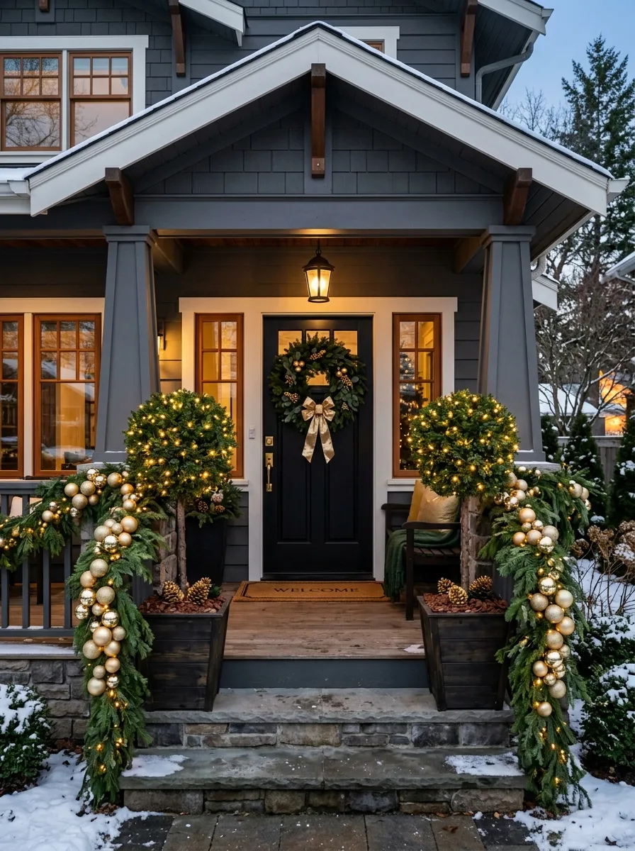 19 Winter Porch Decorating Ideas That Instantly Boost Cozy Curb Appeal All Season Long 17 Charcoal porch with gold ornaments and forest green garlands as glamorous winter front porch decor in a gold and green palette