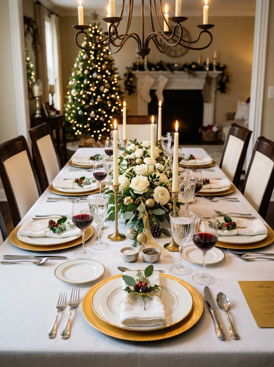 Gold and white Christmas dining table with linen cloth, brass candlesticks, white roses, and eucalyptus for elegant holiday entertaining