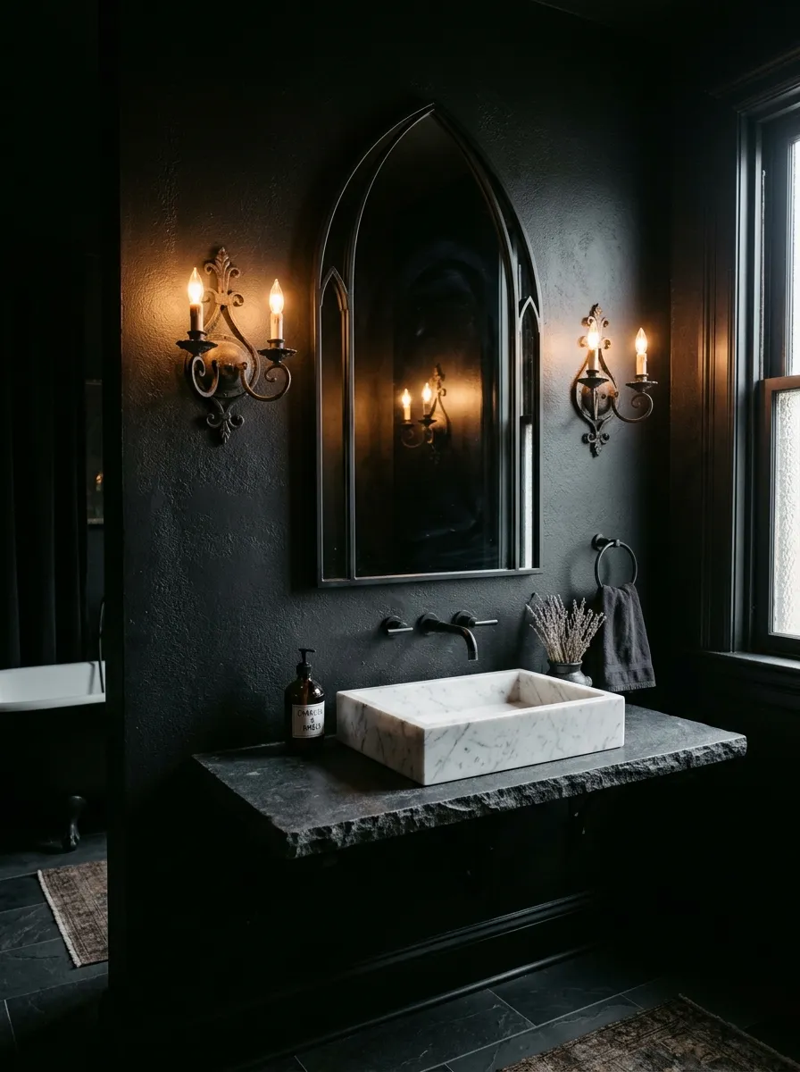 22 Dark Moody Bathroom Ideas for a Bold, Dramatic, and Surprisingly Cozy Modern Space 5 Gothic arched mirror with twin sconces above dark stone vanity in a bold dramatic bathroom aesthetic.