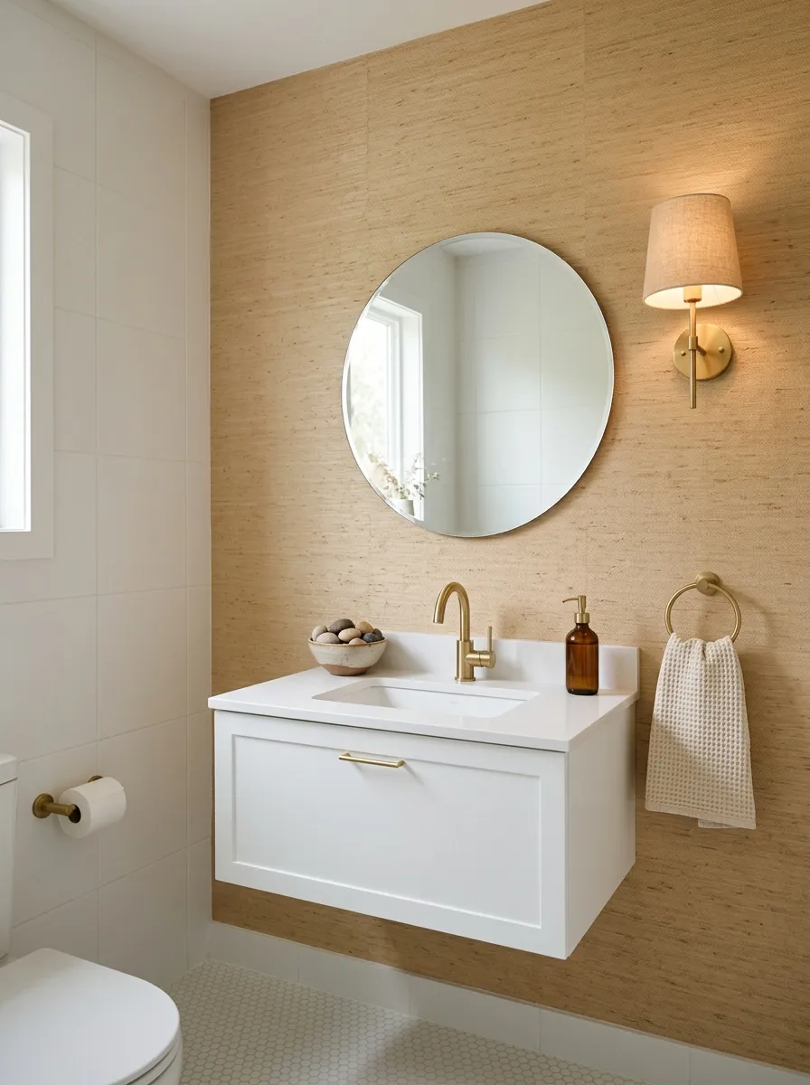 Warm sandy beige grasscloth wallpaper accent wall behind white vanity in a calm and textured guest bathroom