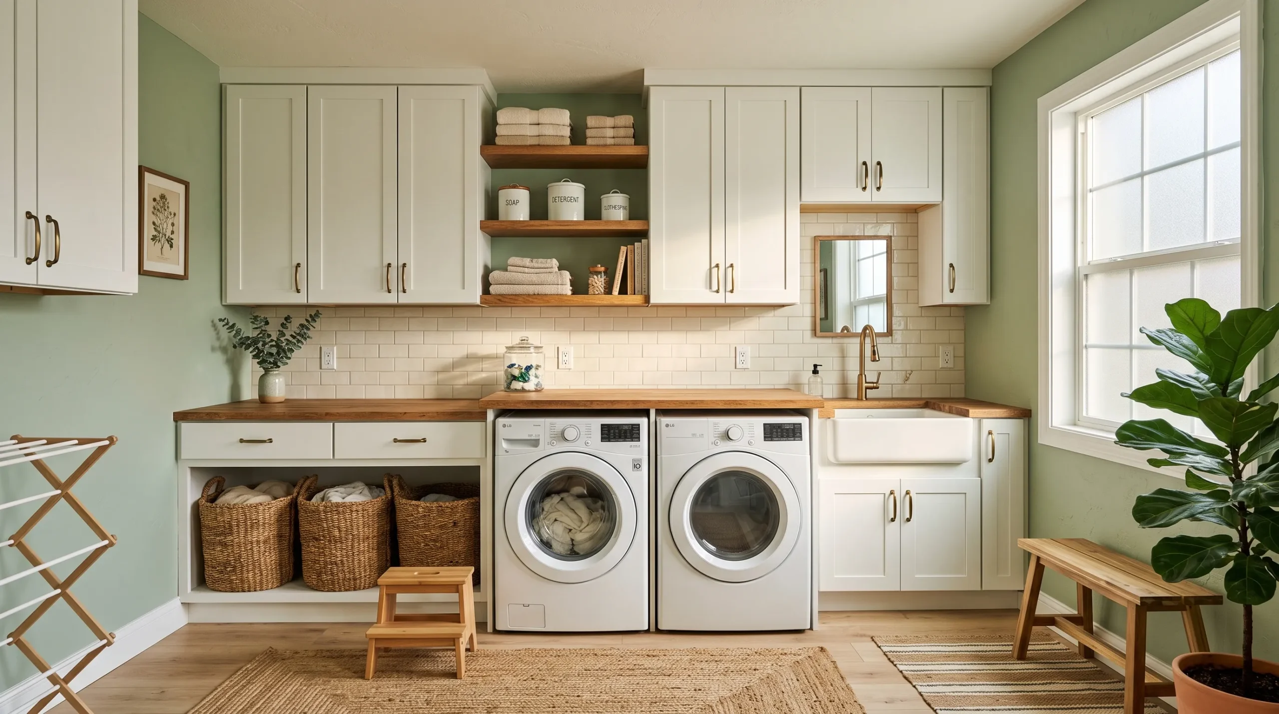 18 Green Laundry Room Ideas That Prove This Color Is More Than Just a Passing Design Trend 2 Bright sage green laundry room with white shaker cabinets, warm wood countertop, brass hardware, and woven baskets in natural light