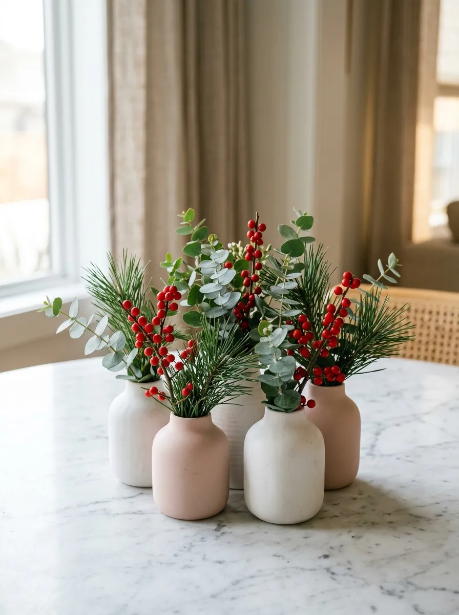 Cluster of small bud vases with eucalyptus and red berries as simple and charming holiday table centerpieces
