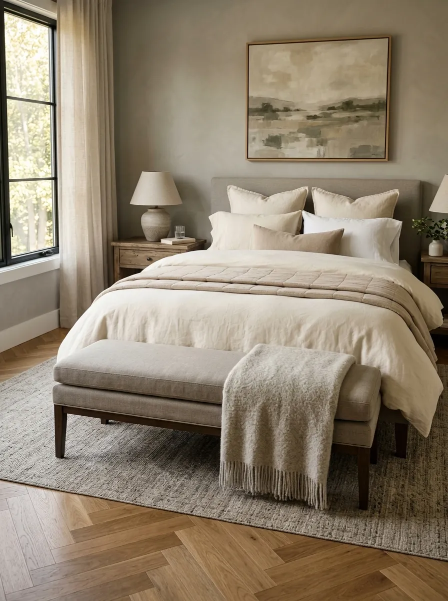 Greige upholstered bench at foot of bed with cream bedding in a Nancy Meyers home aesthetic