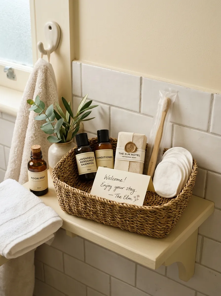 Woven seagrass basket filled with travel size toiletries and a note card styled on a white guest bathroom shelf