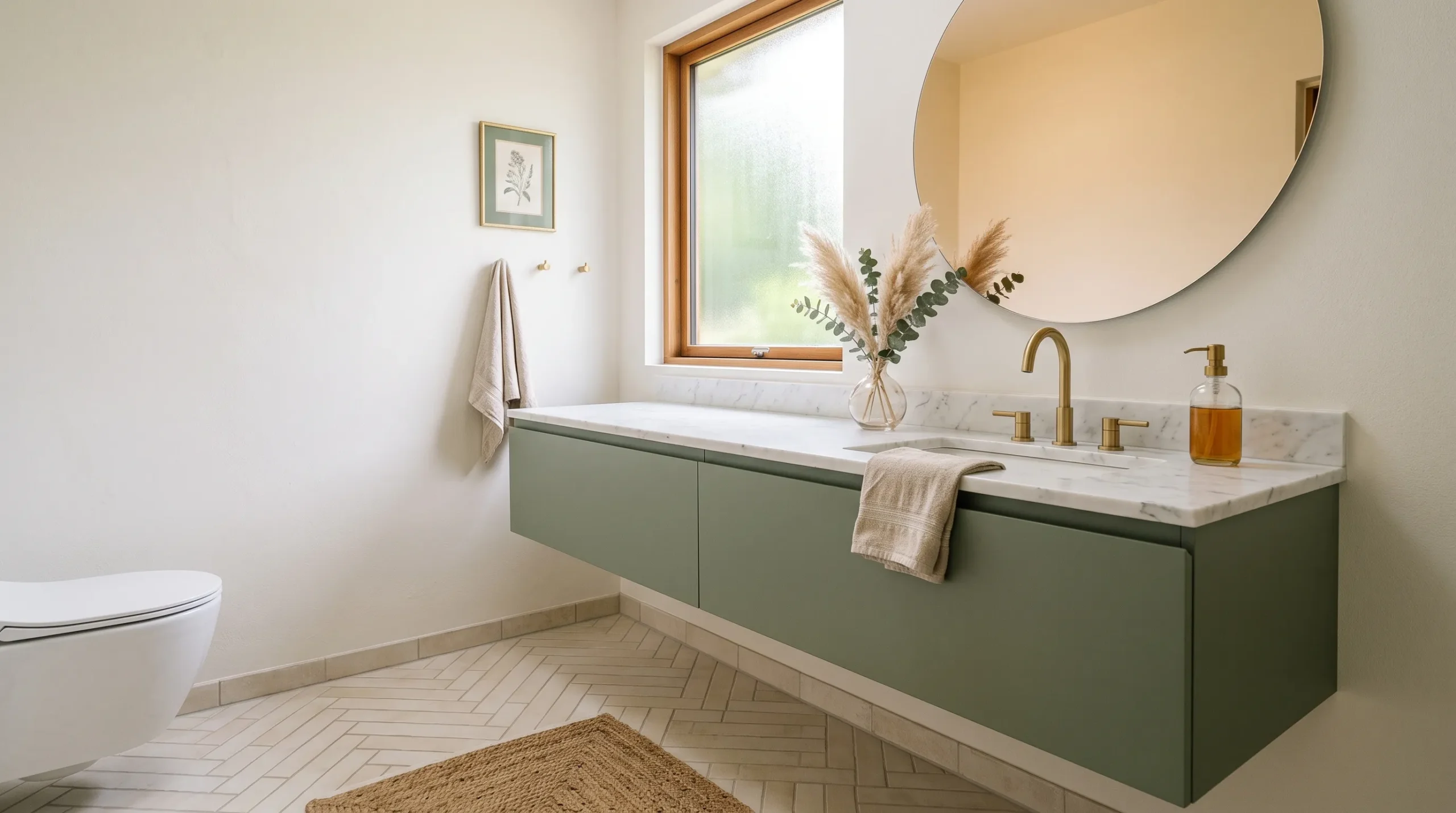20 Guest Bathroom Ideas That Quietly Show Off Thoughtful Design Without Trying Too Hard 2 Elegant guest bathroom with sage green vanity, brushed gold fixtures, marble counter, and warm natural light